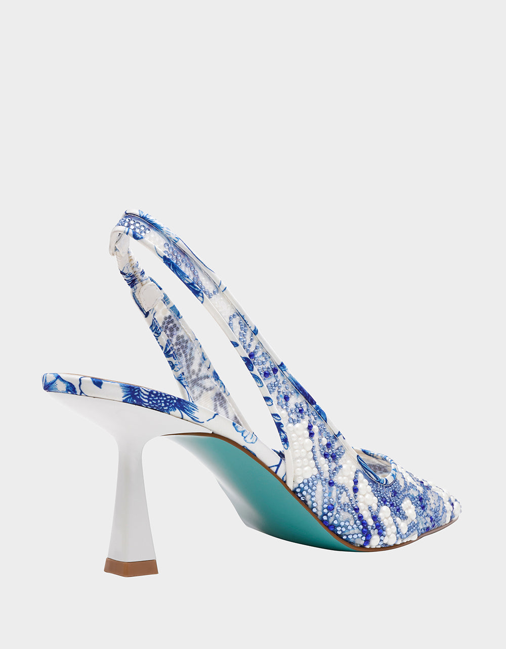 Betsey Johnson New - CLARK HEELS WHITE/BLUE FLORAL Women's Sling-Back Mesh Rhinestone Heel