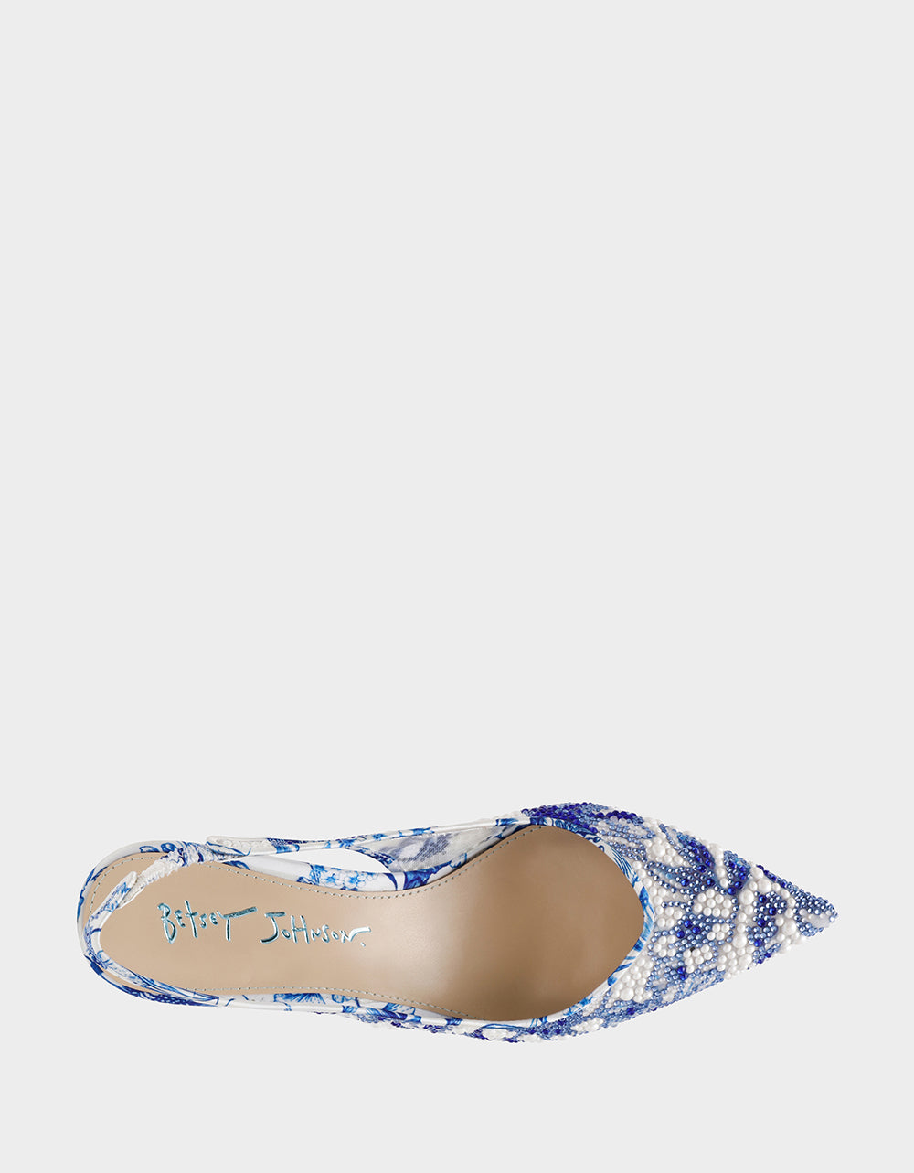 Betsey Johnson New - CLARK HEELS WHITE/BLUE FLORAL Women's Sling-Back Mesh Rhinestone Heel