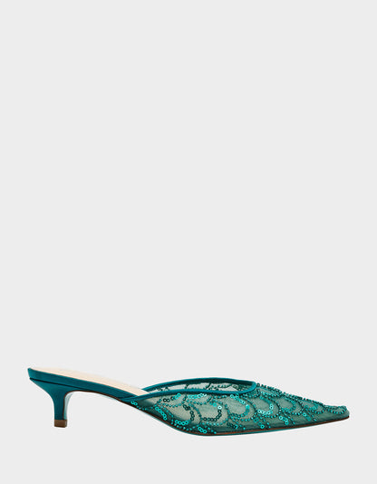 Betsey Johnson Special Offer - ELLIS EMERALD Pointed-Toe Mesh Embellished Mule Women's Kitten Heel