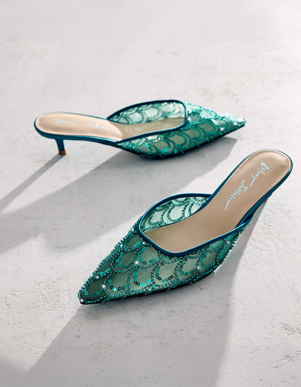 Betsey Johnson Special Offer - ELLIS EMERALD Pointed-Toe Mesh Embellished Mule Women's Kitten Heel