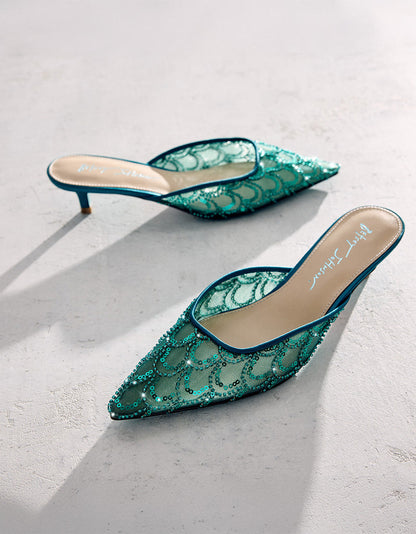 Betsey Johnson Special Offer - ELLIS EMERALD Pointed-Toe Mesh Embellished Mule Women's Kitten Heel