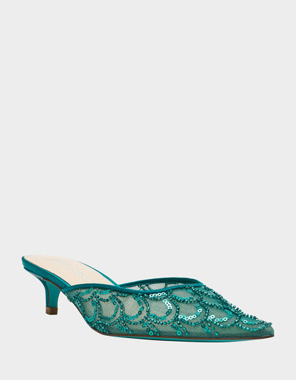 Betsey Johnson Special Offer - ELLIS EMERALD Pointed-Toe Mesh Embellished Mule Women's Kitten Heel