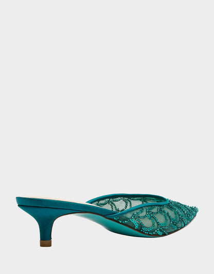 Betsey Johnson Special Offer - ELLIS EMERALD Pointed-Toe Mesh Embellished Mule Women's Kitten Heel