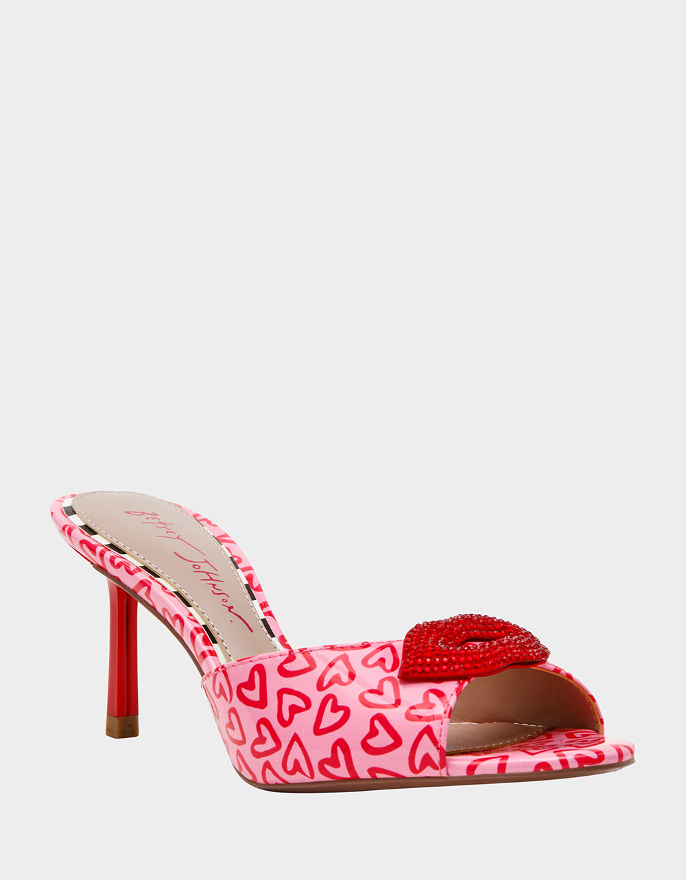 Betsey Johnson Featured - CASIDY PINK MULTI Women's Heart Print Mule Heel with Rhinestone Lip