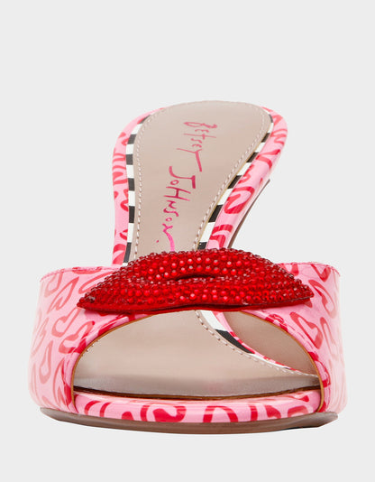 Betsey Johnson Featured - CASIDY PINK MULTI Women's Heart Print Mule Heel with Rhinestone Lip