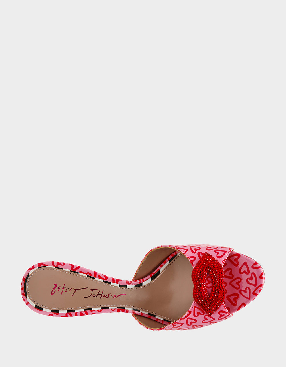 Betsey Johnson Featured - CASIDY PINK MULTI Women's Heart Print Mule Heel with Rhinestone Lip