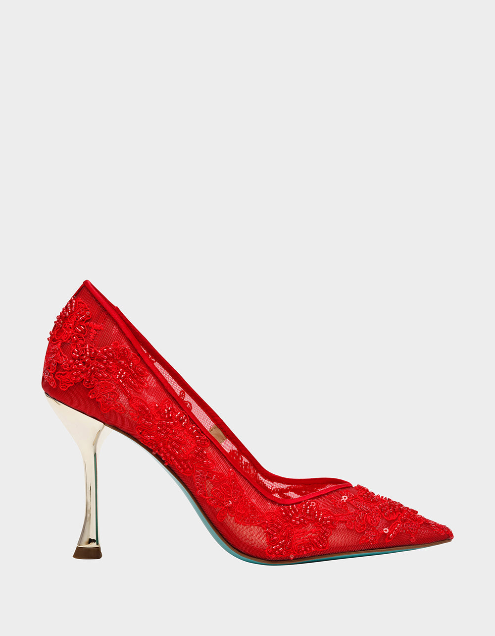 Betsey Johnson Best Seller - JENII RED Pointed-Toe Mesh Embellished Floral Print Pump Women's Heel