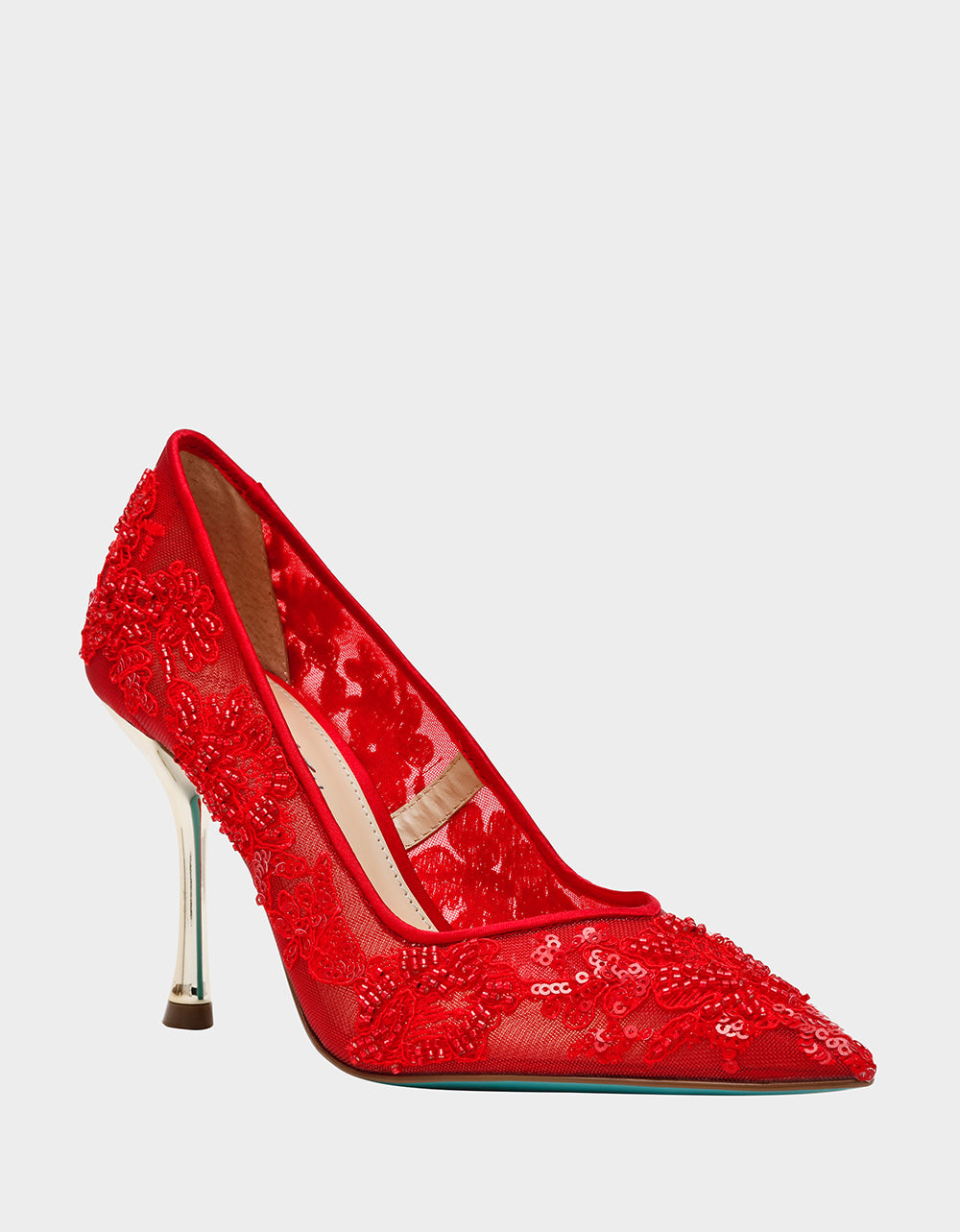Betsey Johnson Best Seller - JENII RED Pointed-Toe Mesh Embellished Floral Print Pump Women's Heel