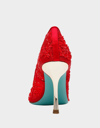 Betsey Johnson Best Seller - JENII RED Pointed-Toe Mesh Embellished Floral Print Pump Women's Heel