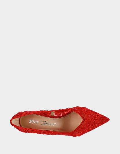 Betsey Johnson Best Seller - JENII RED Pointed-Toe Mesh Embellished Floral Print Pump Women's Heel
