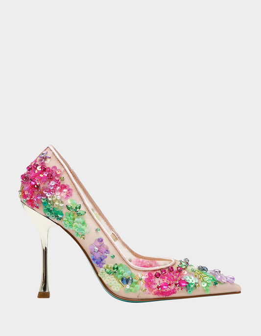 Betsey Johnson Deals - NETTA NUDE MULTI Women's Floral Embellished Nude Mesh High Heel