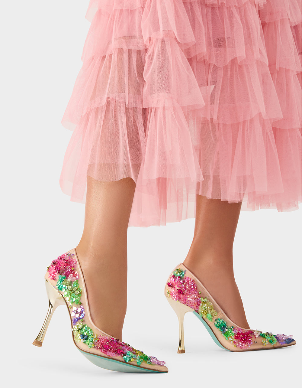 Betsey Johnson Deals - NETTA NUDE MULTI Women's Floral Embellished Nude Mesh High Heel