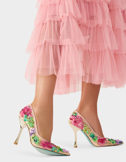 Betsey Johnson Deals - NETTA NUDE MULTI Women's Floral Embellished Nude Mesh High Heel
