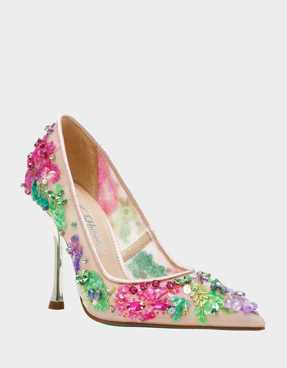 Betsey Johnson Deals - NETTA NUDE MULTI Women's Floral Embellished Nude Mesh High Heel