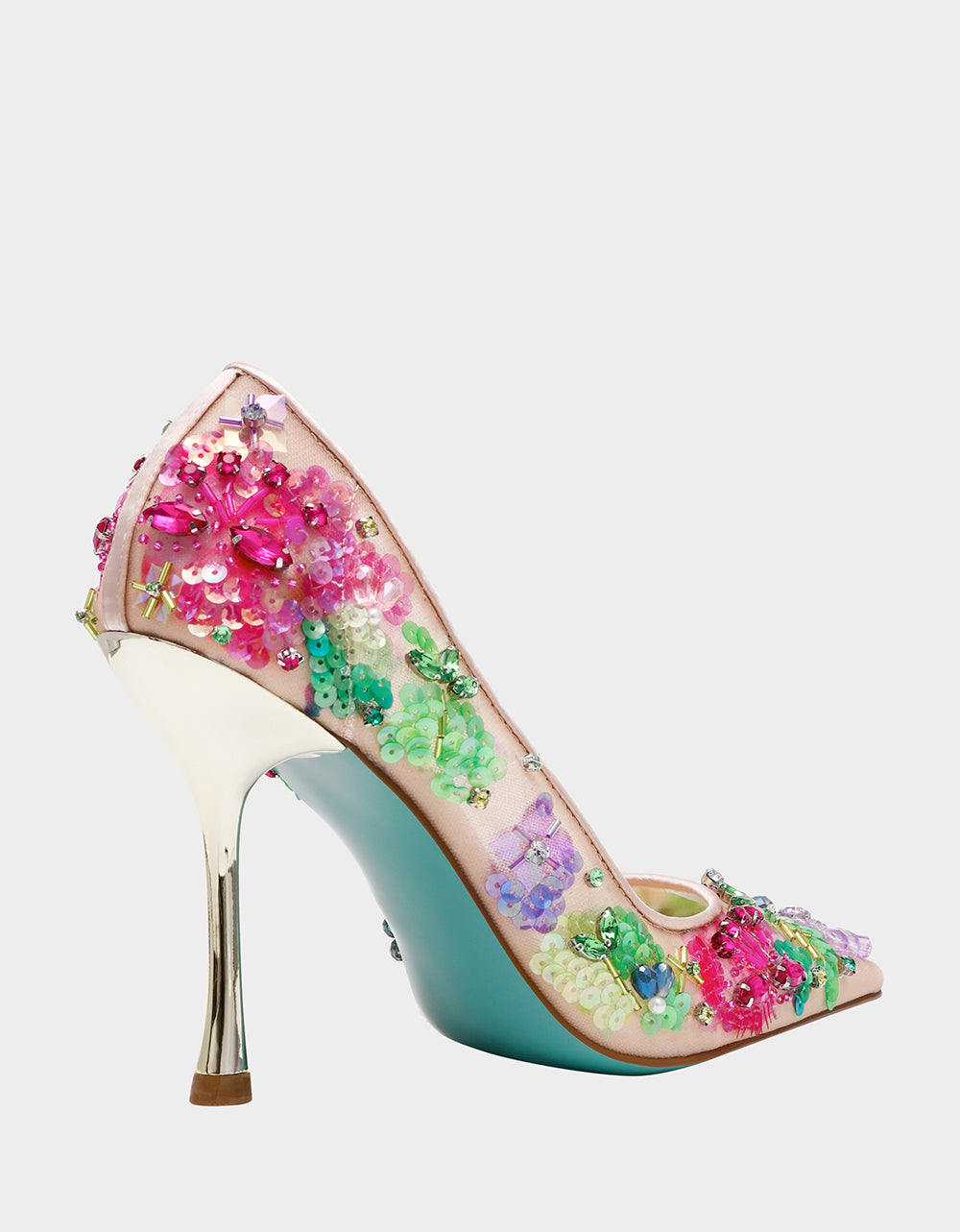 Betsey Johnson Deals - NETTA NUDE MULTI Women's Floral Embellished Nude Mesh High Heel