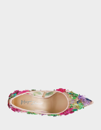 Betsey Johnson Deals - NETTA NUDE MULTI Women's Floral Embellished Nude Mesh High Heel