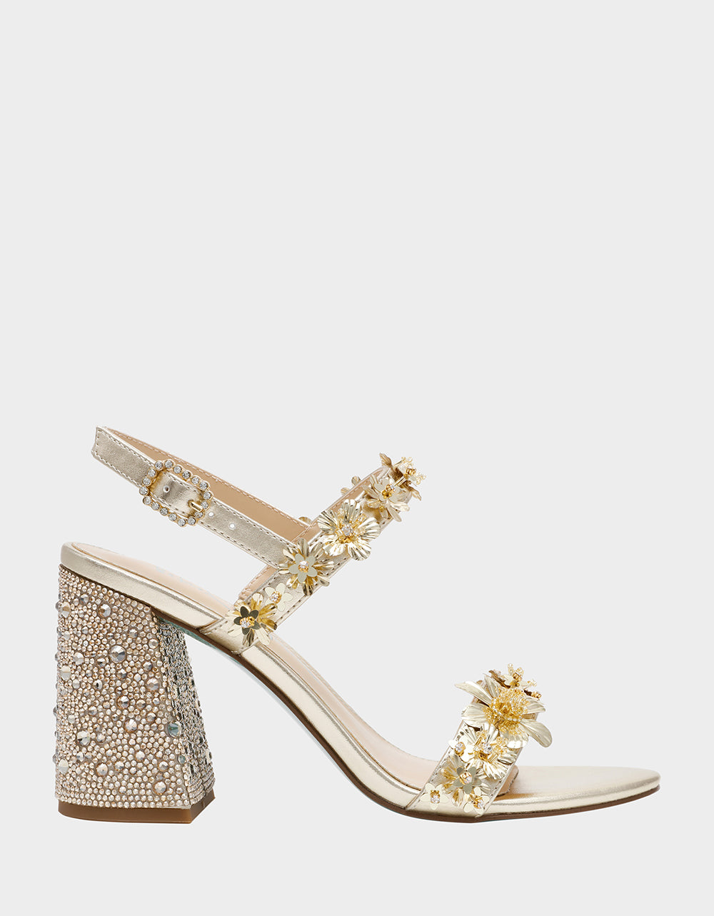 Betsey Johnson Trending - DRUE LIGHT GOLD Strappy Open-Toe Rhinestone Embellished Flower Women's Heel