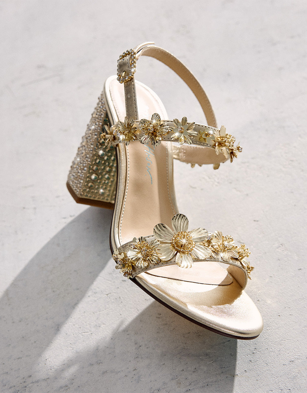 Betsey Johnson Trending - DRUE LIGHT GOLD Strappy Open-Toe Rhinestone Embellished Flower Women's Heel