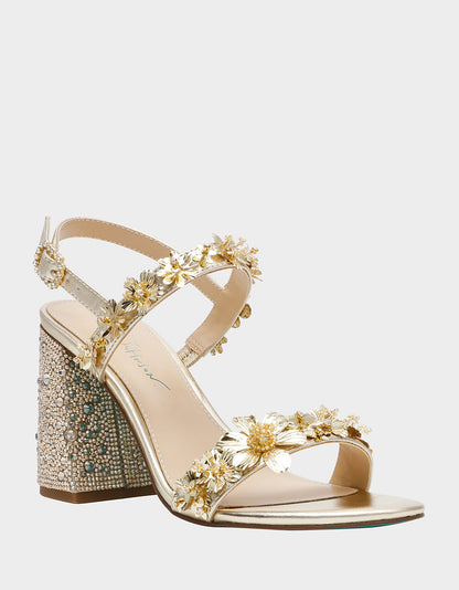 Betsey Johnson Trending - DRUE LIGHT GOLD Strappy Open-Toe Rhinestone Embellished Flower Women's Heel