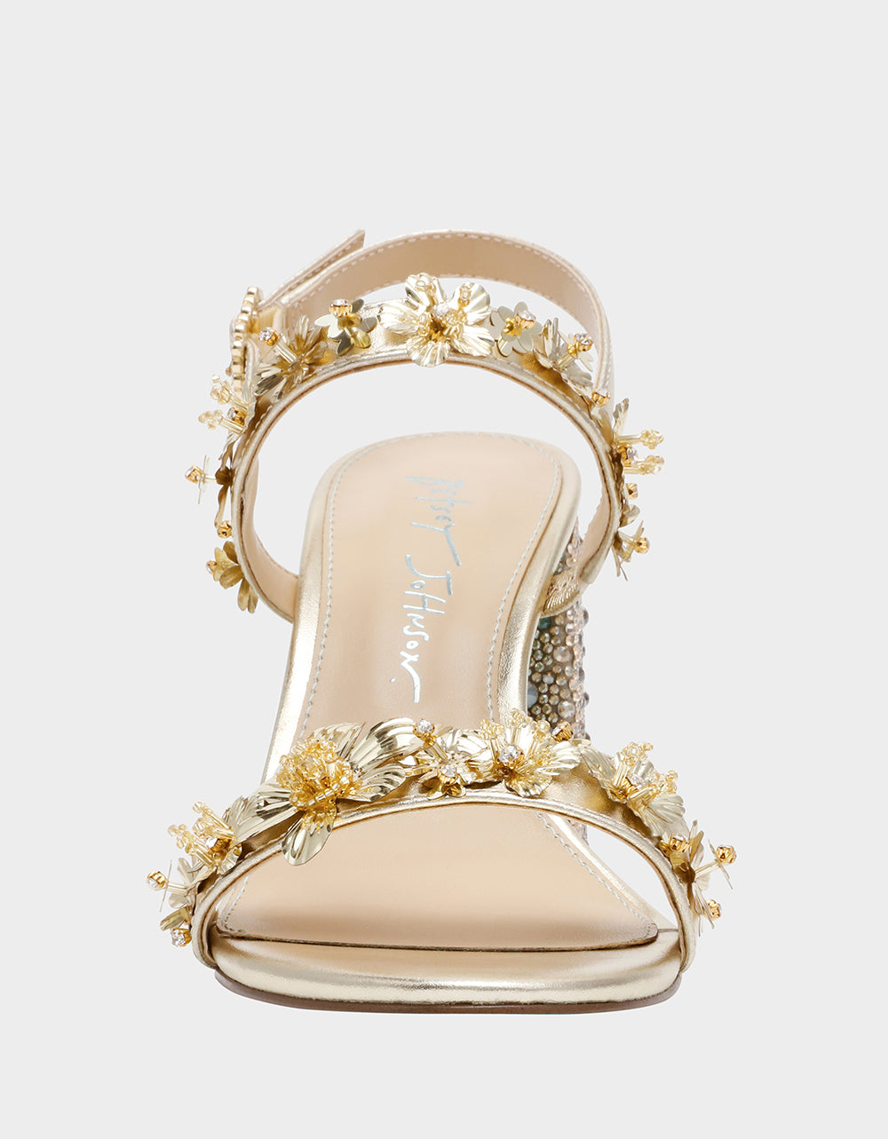 Betsey Johnson Trending - DRUE LIGHT GOLD Strappy Open-Toe Rhinestone Embellished Flower Women's Heel
