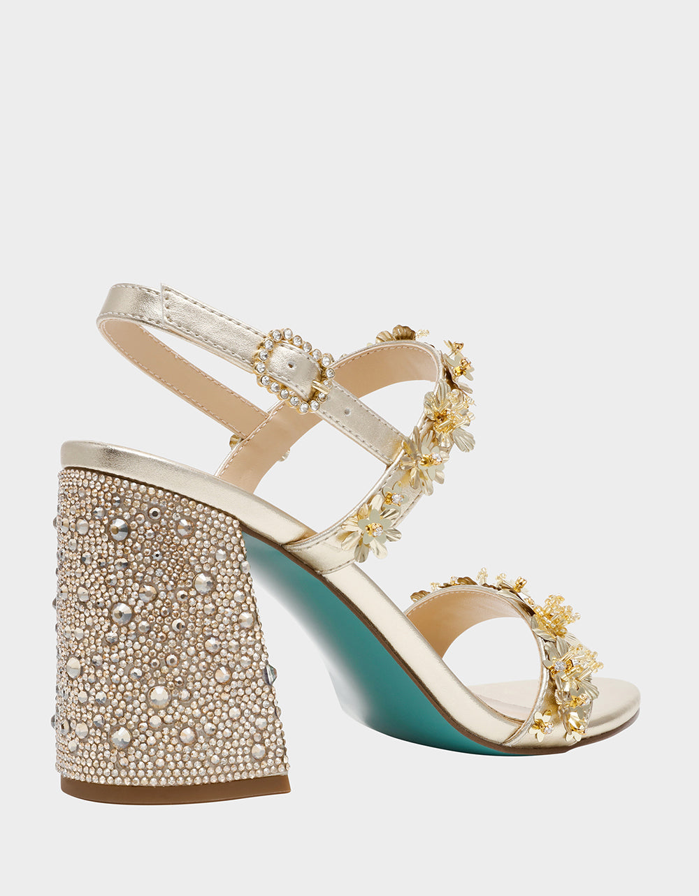 Betsey Johnson Trending - DRUE LIGHT GOLD Strappy Open-Toe Rhinestone Embellished Flower Women's Heel