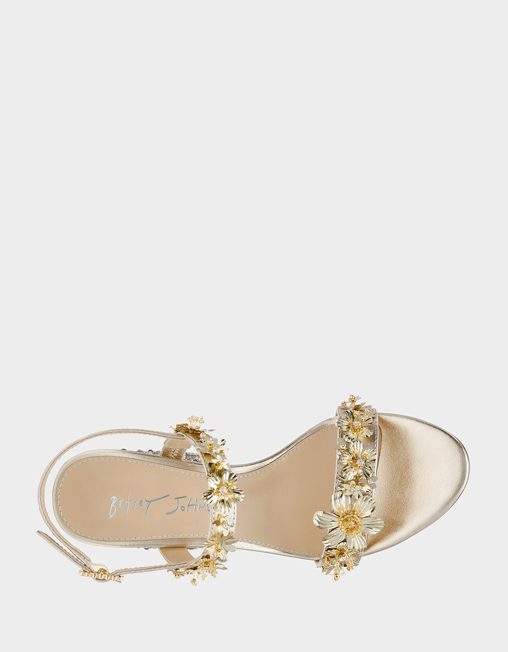 Betsey Johnson Trending - DRUE LIGHT GOLD Strappy Open-Toe Rhinestone Embellished Flower Women's Heel