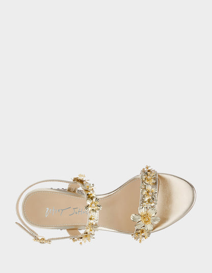 Betsey Johnson Trending - DRUE LIGHT GOLD Strappy Open-Toe Rhinestone Embellished Flower Women's Heel