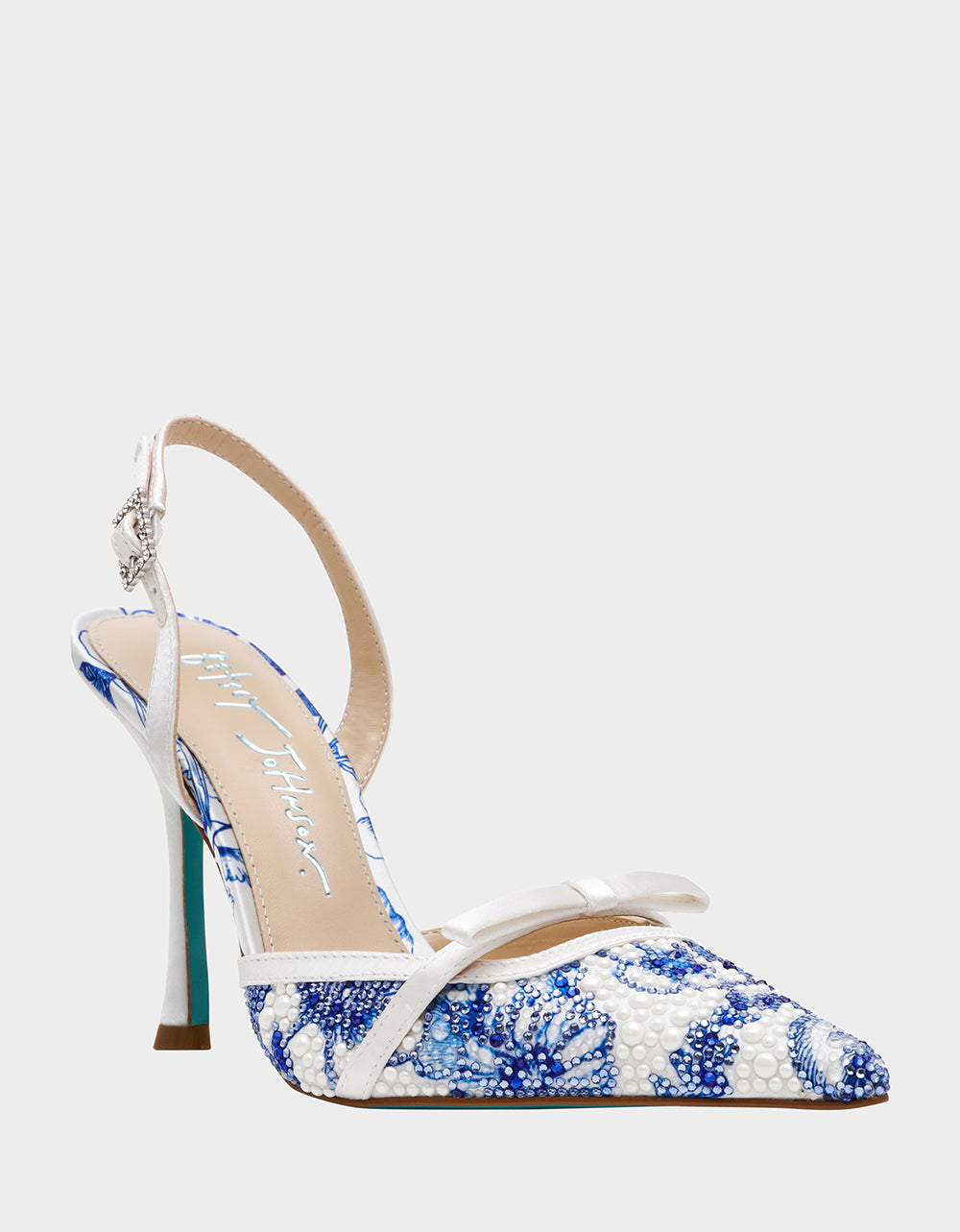 Betsey Johnson Trusted - ROZA WHITE/BLUE FLORAL Women's Pointed Toe Stiletto Floral Heel