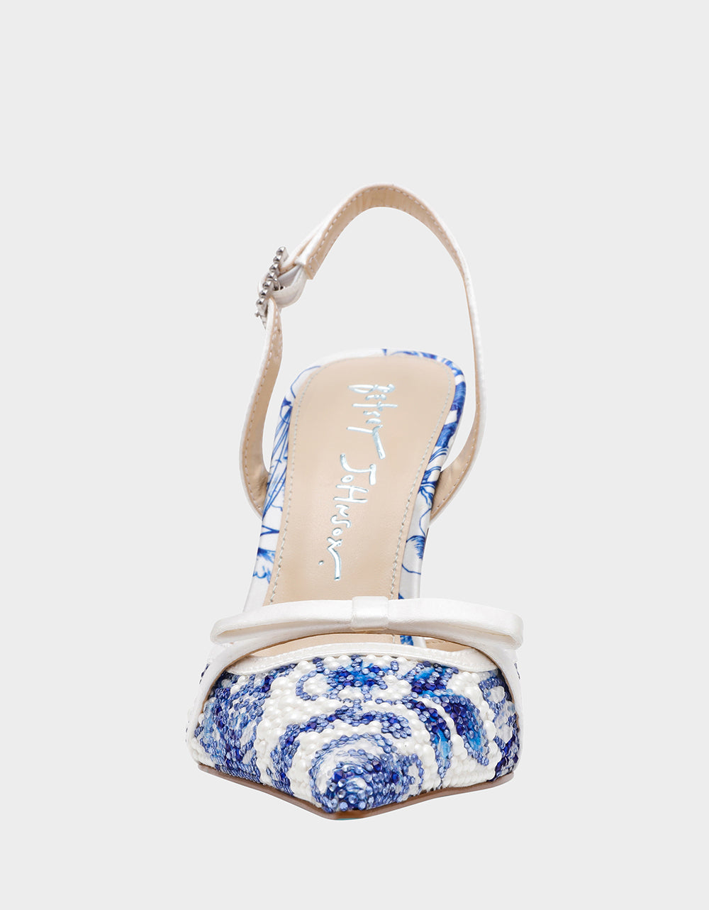 Betsey Johnson Trusted - ROZA WHITE/BLUE FLORAL Women's Pointed Toe Stiletto Floral Heel