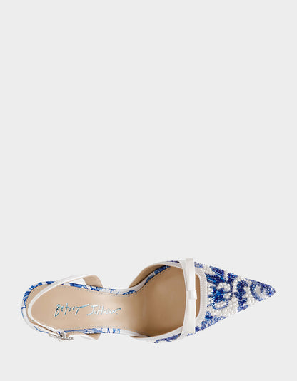 Betsey Johnson Trusted - ROZA WHITE/BLUE FLORAL Women's Pointed Toe Stiletto Floral Heel