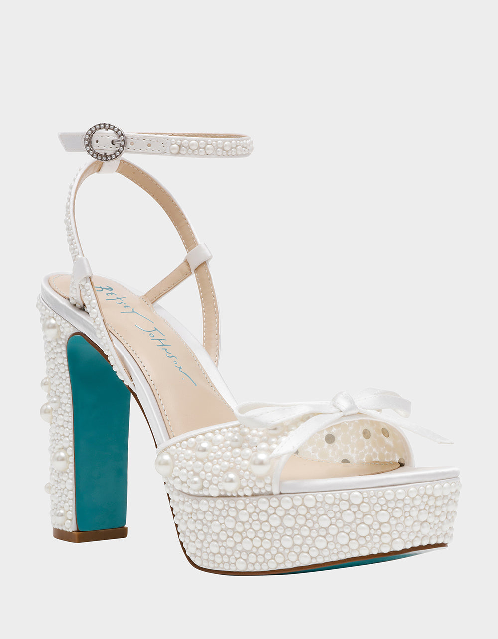 Betsey Johnson Signature - ENOLA PEARL Women's Strappy Block Heel Square-Toe Platform Pearl Embellished Women's Heel