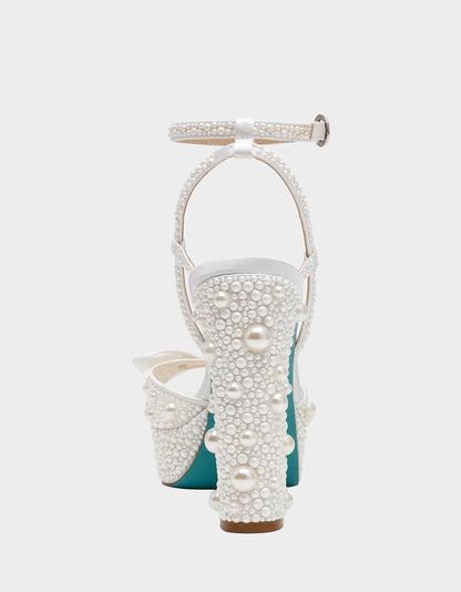 Betsey Johnson Signature - ENOLA PEARL Women's Strappy Block Heel Square-Toe Platform Pearl Embellished Women's Heel