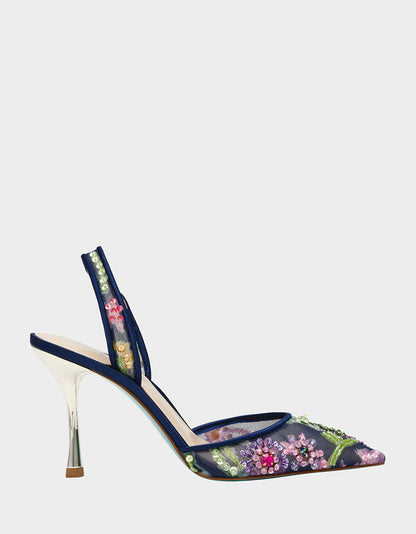 Betsey Johnson Popular - VELMA NAVY MULTI Pointed-Toe Stiletto Pump Mesh Heel