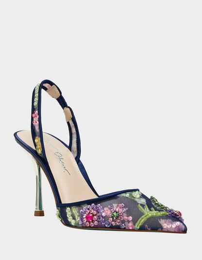 Betsey Johnson Popular - VELMA NAVY MULTI Pointed-Toe Stiletto Pump Mesh Heel
