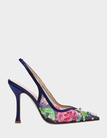 Betsey Johnson Discount - EDDIE NAVY MULTI Women's Floral Embellished Slingback Mesh High Heel