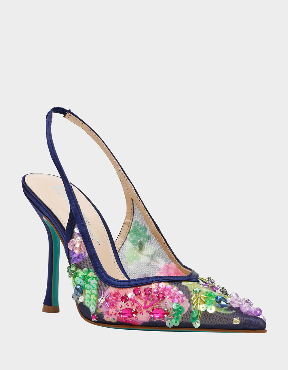 Betsey Johnson Discount - EDDIE NAVY MULTI Women's Floral Embellished Slingback Mesh High Heel