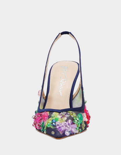 Betsey Johnson Discount - EDDIE NAVY MULTI Women's Floral Embellished Slingback Mesh High Heel