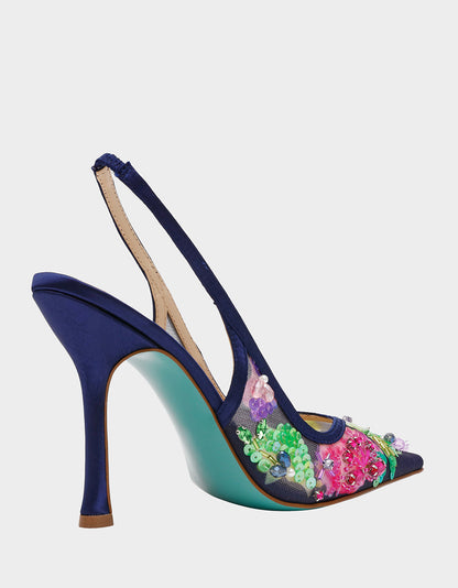 Betsey Johnson Discount - EDDIE NAVY MULTI Women's Floral Embellished Slingback Mesh High Heel