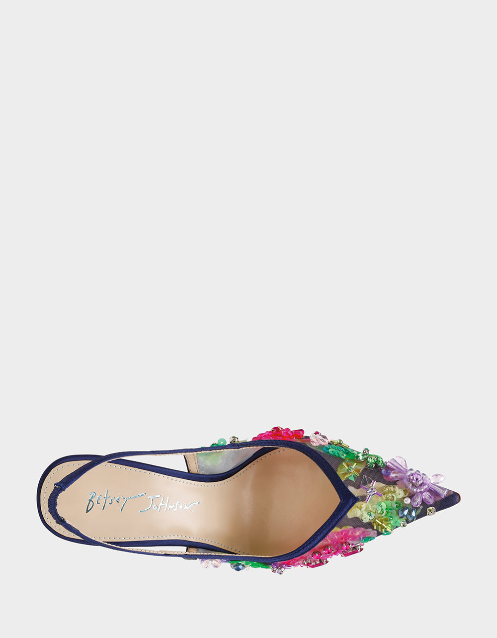 Betsey Johnson Discount - EDDIE NAVY MULTI Women's Floral Embellished Slingback Mesh High Heel