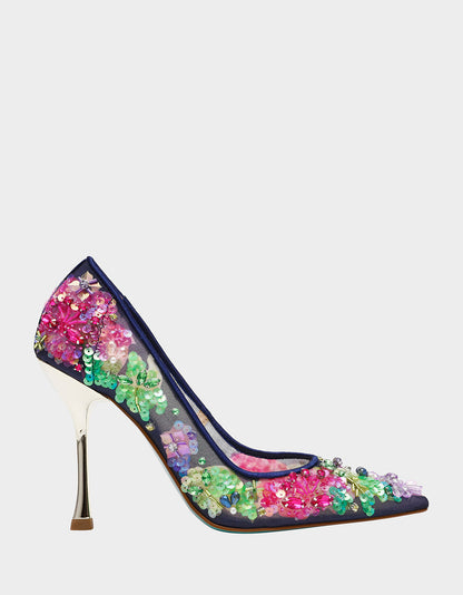 Betsey Johnson Latest - NETTA NAVY MULTI Women's Floral Embellished Navy Mesh High Heel