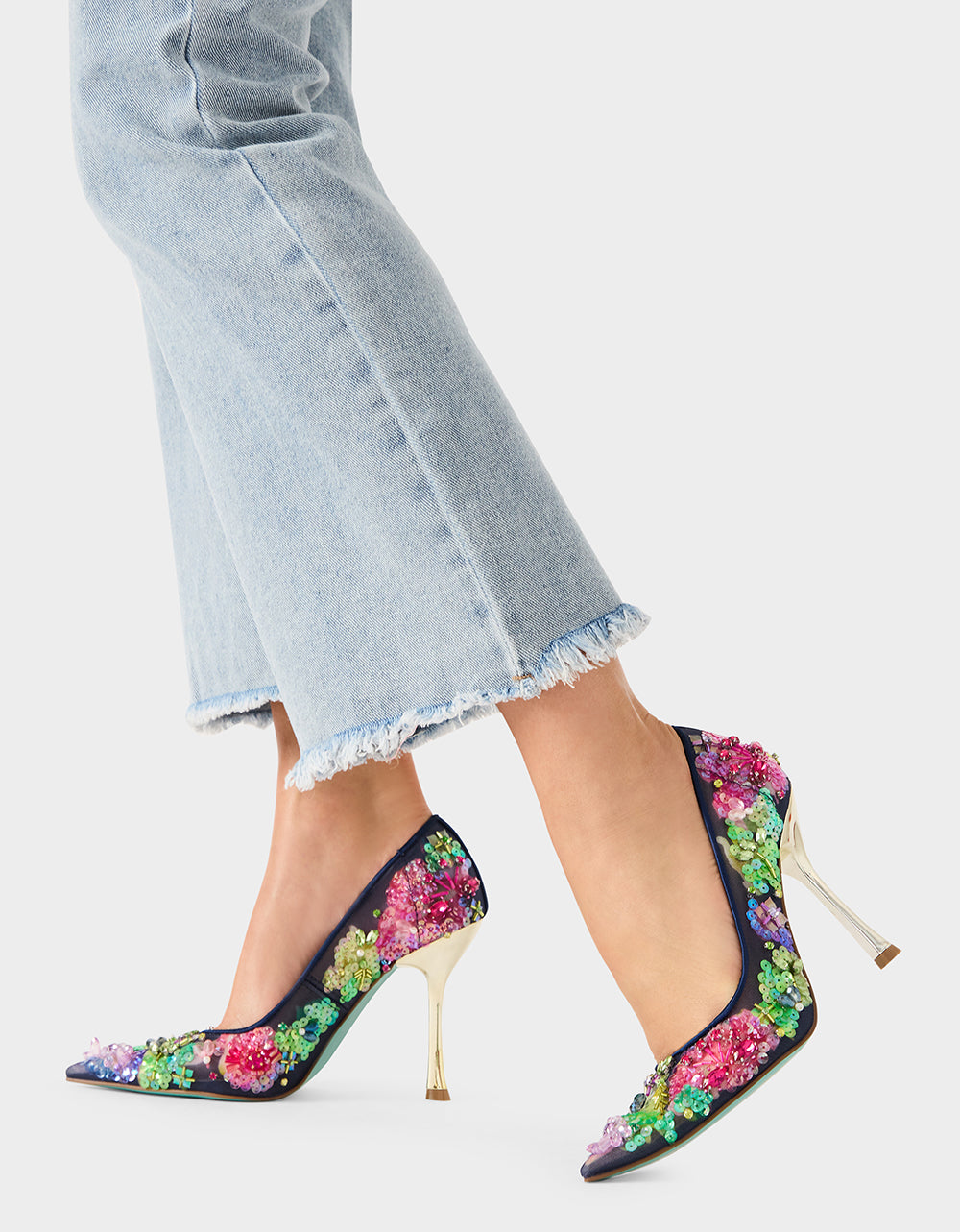 Betsey Johnson Latest - NETTA NAVY MULTI Women's Floral Embellished Navy Mesh High Heel