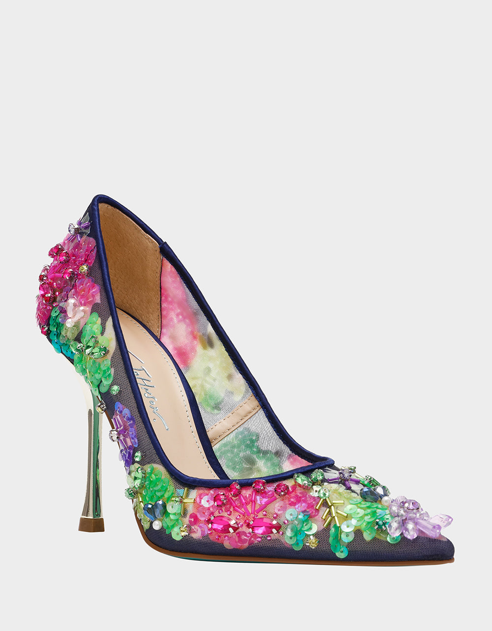 Betsey Johnson Latest - NETTA NAVY MULTI Women's Floral Embellished Navy Mesh High Heel