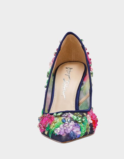 Betsey Johnson Latest - NETTA NAVY MULTI Women's Floral Embellished Navy Mesh High Heel