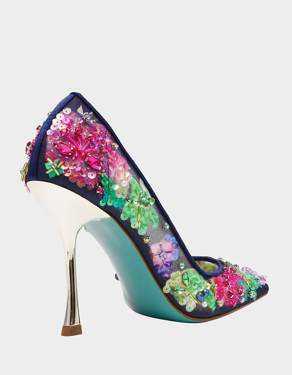 Betsey Johnson Latest - NETTA NAVY MULTI Women's Floral Embellished Navy Mesh High Heel