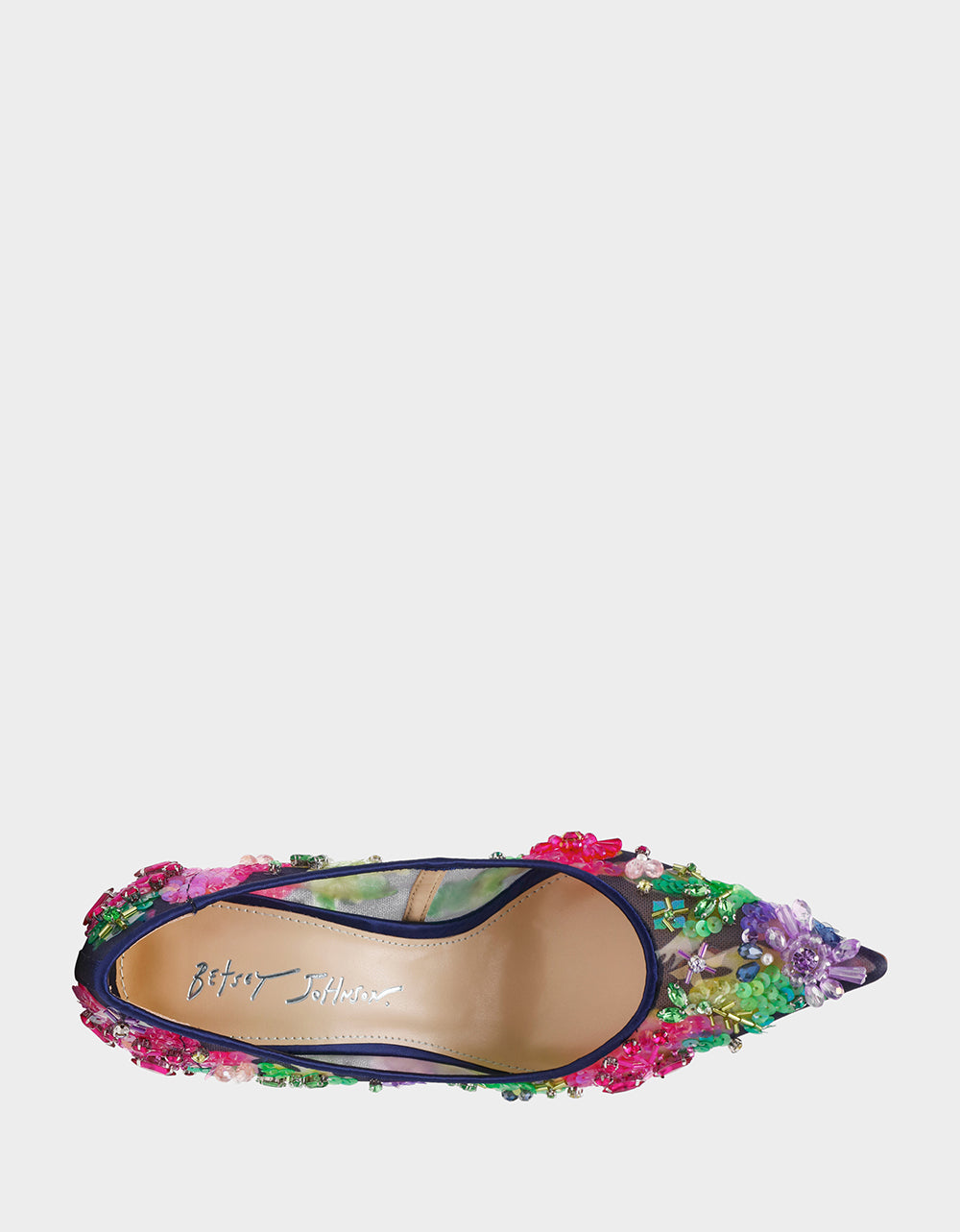 Betsey Johnson Latest - NETTA NAVY MULTI Women's Floral Embellished Navy Mesh High Heel