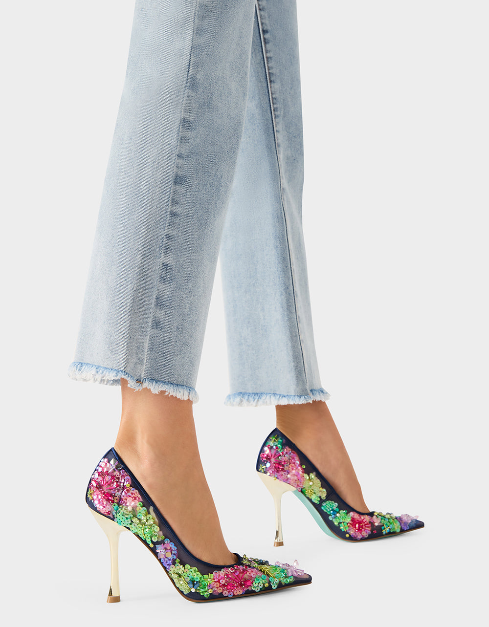 Betsey Johnson Latest - NETTA NAVY MULTI Women's Floral Embellished Navy Mesh High Heel
