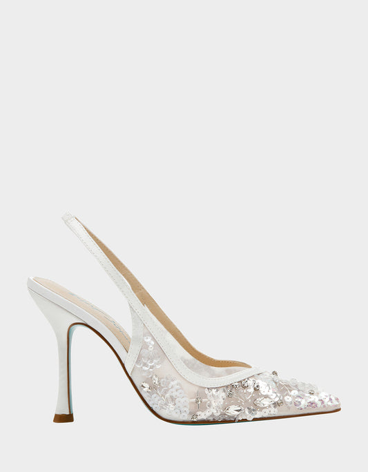 Betsey Johnson Top Pick - EDDIE IVORY Women's Floral Embellished Slingback Mesh High Heel