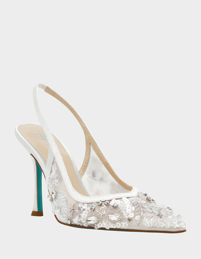 Betsey Johnson Top Pick - EDDIE IVORY Women's Floral Embellished Slingback Mesh High Heel