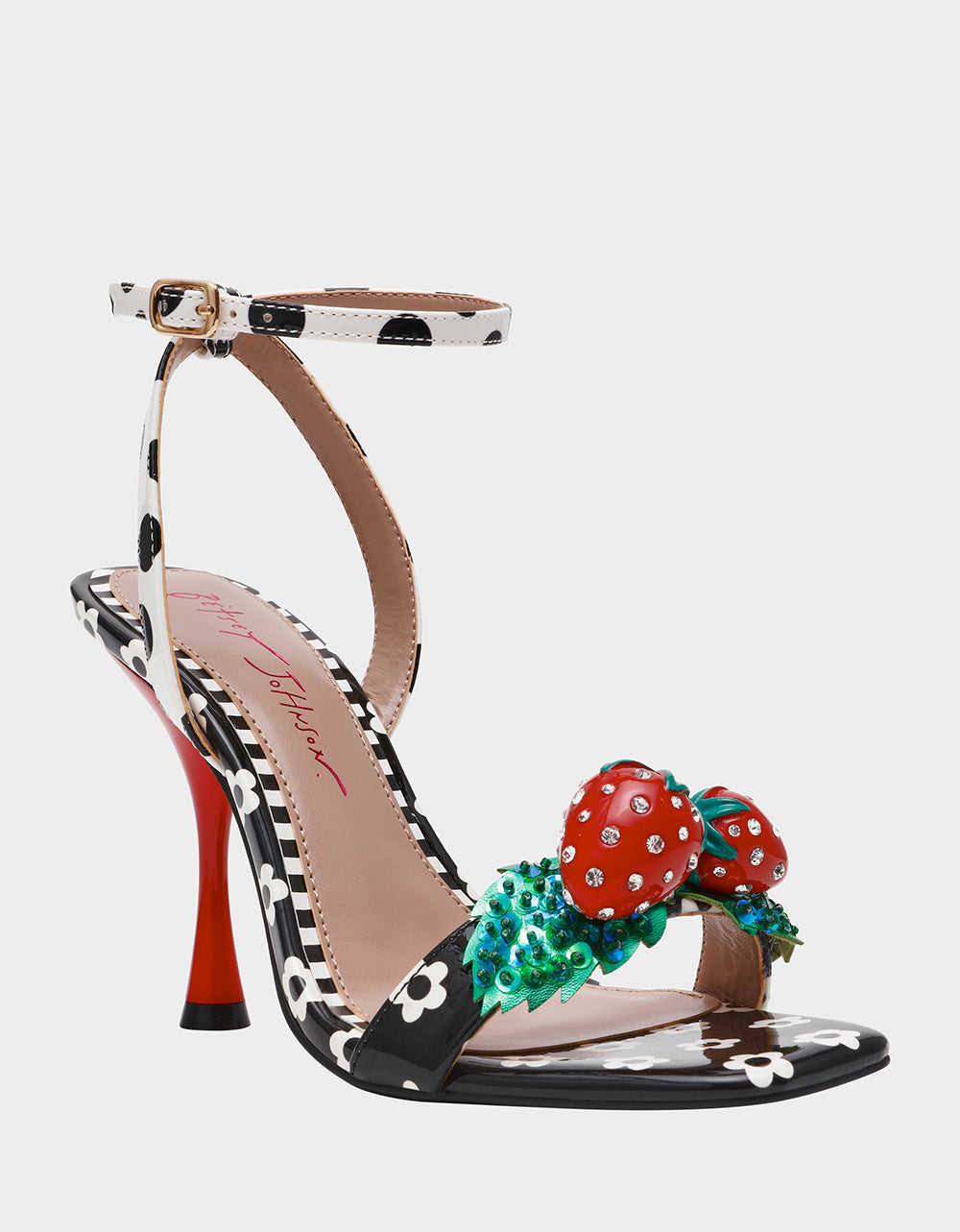 Betsey Johnson Sale - ADDISON Black/White Multi Women's Strappy Square-Toe Heel