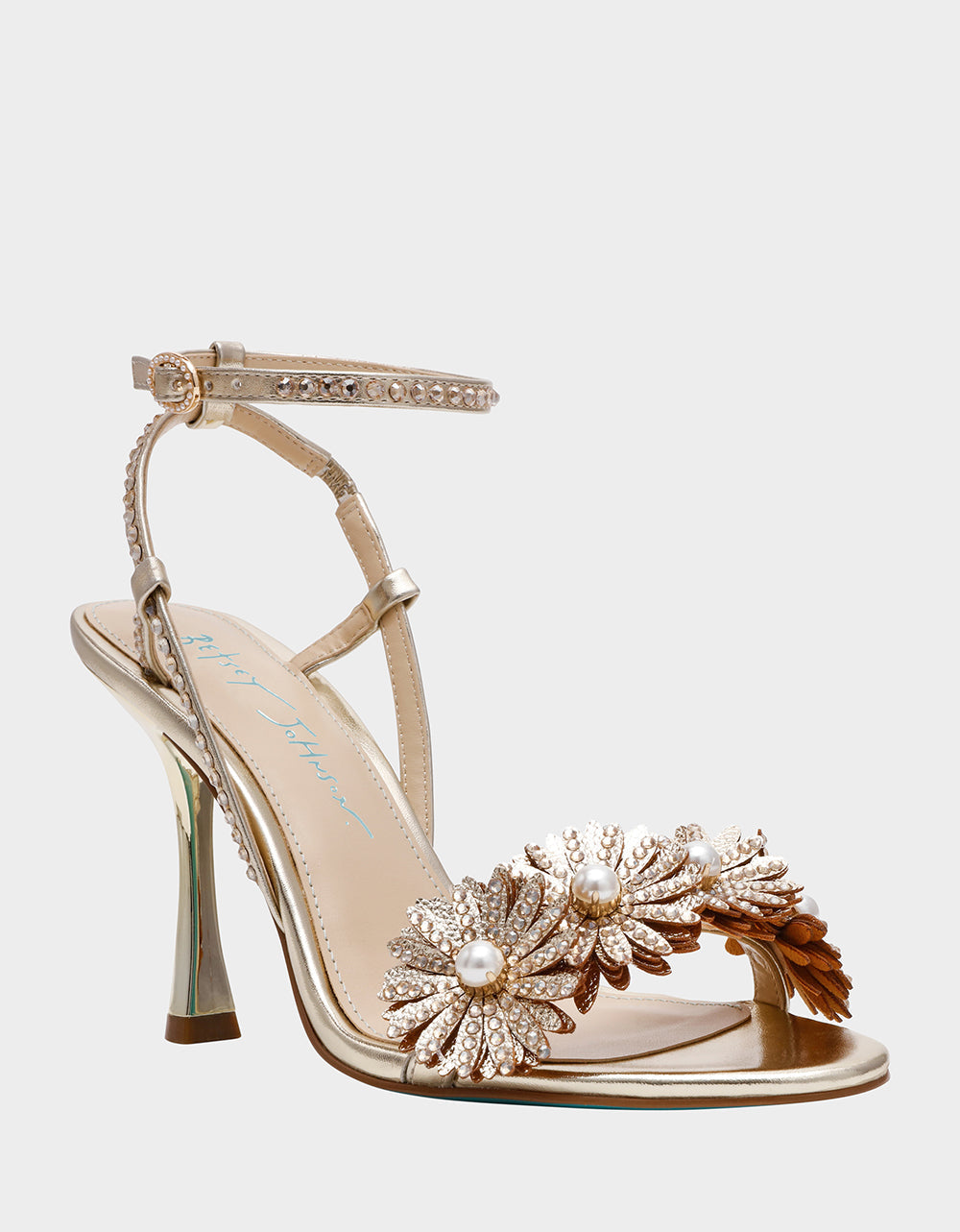 Betsey Johnson Recommended - MYLEE GOLD Women's Strappy Open-Toe Floral Rhinestone Embellished Heel